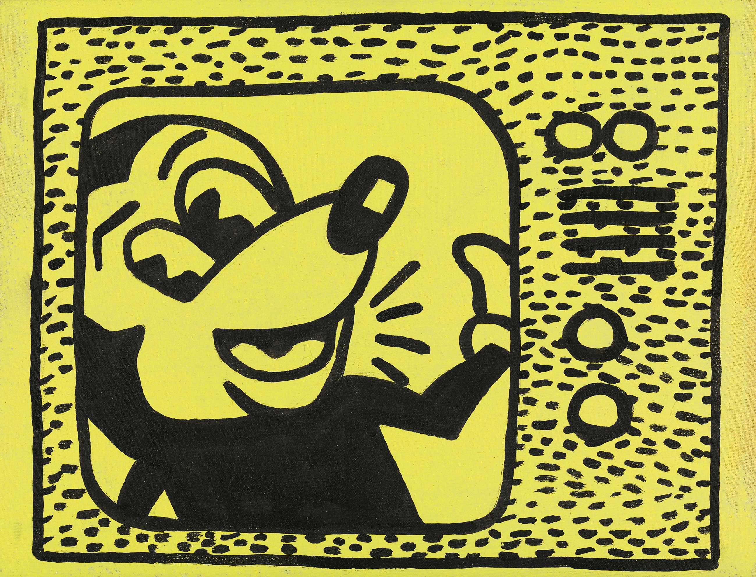 Sturtevant. Haring Tag July 15 1981. 1985. Sumi ink and acrylic on cloth, 9 13/16 × 12 13/16" (25 × 32.5 cm). Estate Sturtevant, Paris. Courtesy Galerie Thaddaeus Ropac, Paris–Salzburg. Photo: Prallen Allsten. © Estate Sturtevant, Paris