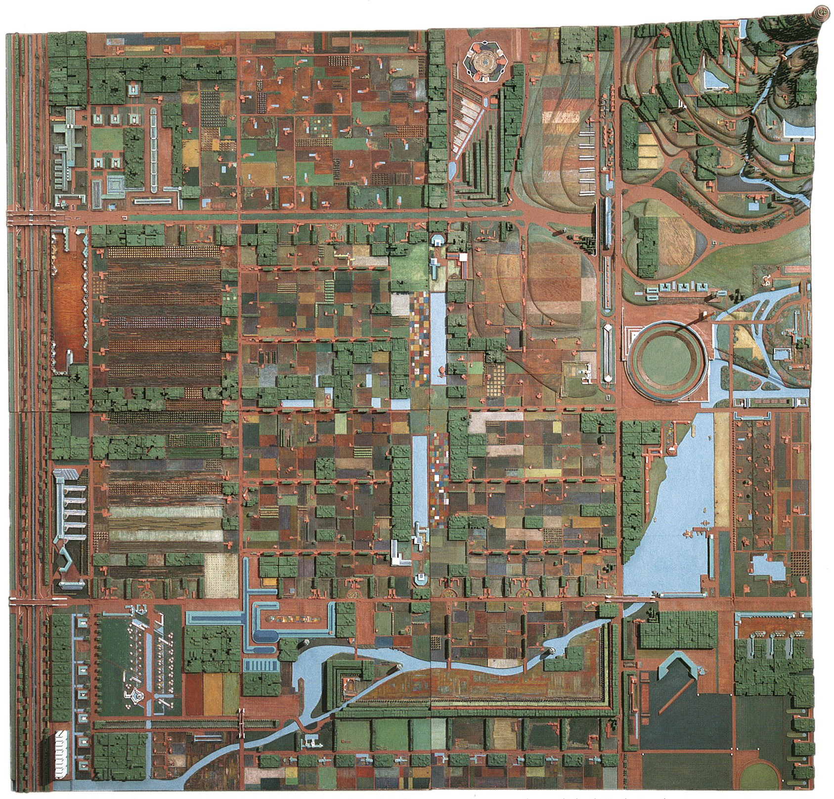 Frank Lloyd Wright (American, 1867–1959). Broadacre City. Project, 1934–35. Model: painted wood, 152 × 152″ (386.1 x 386.1 cm). The Frank Lloyd Wright Foundation Archives (The Museum of Modern Art | Avery Architectural & Fine Arts Library, Columbia University, New York)