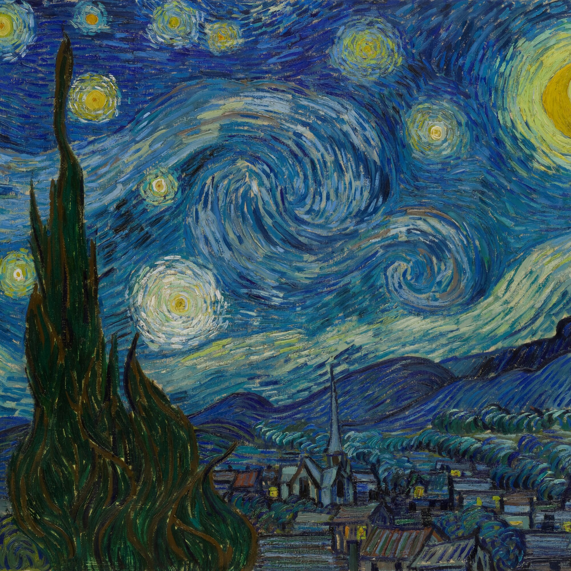 Vincent van Gogh. The Starry Night. Saint Rémy, June 1889. Oil on canvas, 29 × 36 1/4″ (73.7 × 92.1 cm). Acquired through the Lillie P. Bliss Bequest