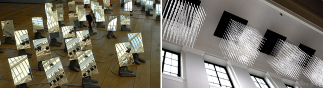 From left: Random International. Audience. 2008 mirror, metal cast bases, motors, custom motion tracking software, camera, computer Dimensions variable Each mirror 150 x 250 x 150 mm Edition of 8 + 4 AP Carpenters Workshop Gallery; Swarm Study / III, 2011 electronics, Corian, steel frame 123mm x 456mm x 789mm. Installation view at the Victoria and Albert Museum