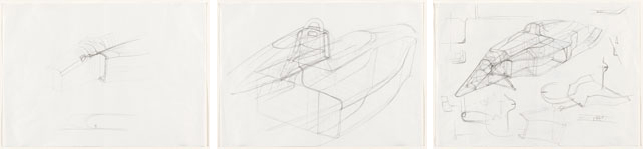 John Barnard. John Barnard. Sketch for Engine Intake of Formula 1 Car, #639. 1987. Pencil on paper, 11 3/4 x 16 5/8" (29.8 x 42.3 cm). Gift of John Barnard. From left: Sketch for Engine Intake of Formula 1 Car, #639; Sketch for body joints of Formula 1 car, Model #639; Sketch for Radiator Inset, Joint of Formula 1 Car, Model No. 639. All by John Barnard. 1987. Pencil on paper, 11 3/4 x 16 5/8" (29.8 x 42.3 cm). Gift of John Barnard. All photos: John Wronn