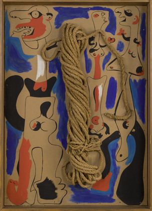 Joan Mir&oacute;. <i> Rope and People, I. </i> 1935. Oil on cardboard mounted on wood, with coil of rope. 41 1/4 x 29 3/8" (104.8 x 74.6 cm). The Museum of Modern Art. Gift of the Pierre Matisse Gallery. &copy; 2007 Successi&oacute;  Mir&oacute; / Artists Rights Society (ARS), New York / ADAGP, Paris.