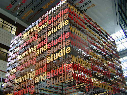 Liam Gillick. <i>Installation view of Consciens Lobby</i>. 2001. Powder-coated aluminum, 12' x 12' x 12'. Lobby of Telenor Corporation, Oslo, Norway. Photo courtesy of the Telenor, Oslo and Casey Kaplan, New York