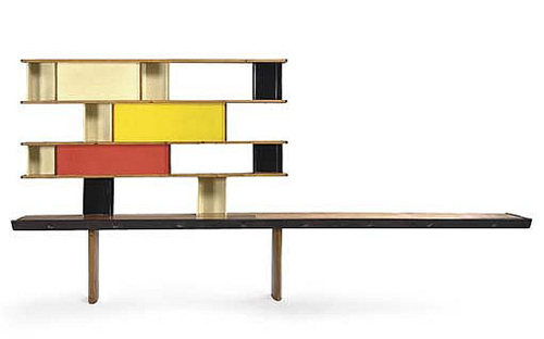 Charlotte Perriand, Jean Prouv&eacute;, Sonia Delaunay-Terk, Nicolas Sch&ouml;ffer. Maison de la Tunisie Bench-Bookshelf. 1952. Lacquered steel, aluminum and pine, 63 x 139 3/8 x 20 1/8" (160 x 354 x 51.1 cm). The Museum of Modern Art, New York. Architecture & Design Purchase Fund
