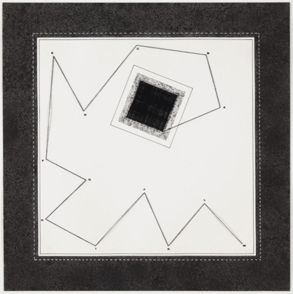 Anna Maria Maiolino. <i>Desde A at&eacute; M (From A to M),</i> from the series <i>Mapas Mentais (Mental Maps).</i> 1972&ndash;99. Thread, synthetic polymer paint, ink, transfer type, and pencil on paper, 19 5/8 x 19 1/2" (49.8 x 49.5 cm). The Museum of Modern Art, purchase