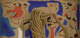 Joan Mir&oacute;. <i> Rope and People, I. </i> 1935. Oil on cardboard mounted on wood, with coil of rope. 41 1/4 x 29 3/8" (104.8 x 74.6 cm). The Museum of Modern Art. Gift of the Pierre Matisse Gallery. &copy; 2007 Successi&oacute;  Mir&oacute; / Artists Rights Society (ARS), New York / ADAGP, Paris.
