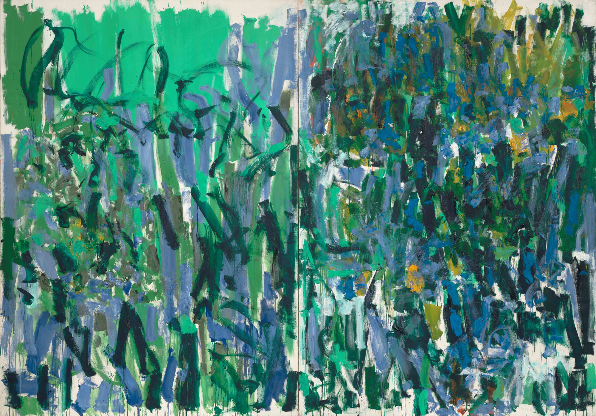Joan Mitchell. <em>No Rain</em>. 1976. Oil on canvas, two panels. The Museum of Modern Art, New York. Gift of The Estate of Joan Mitchell. Â© Estate of Joan Mitchell
