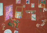 Henri Matisse. The Red Studio. Issy-les-Moulineaux, fall 1911. Oil on canvas. Mrs. Simon Guggenheim Fund. © 2021 Succession H. Matisse / Artists Rights Society (ARS), New York Alt Text: A painting of an artist studio, with every floor and wall surface washed with a brick red paint. Thin white lines delineate the floor from the wall. A grandfather clock, a 3-drawer dresser, sculptures displayed on stools, and colorful paintings lean against and hang on the wall in the top portion of the composition. In the bottom right corner is a lightly outlined high-backed chair facing into the room. On the bottom right side, a table juts out into the space with a painted blue plate, a set of blue pastels, an empty chalice, and a green leafy potted plant with its leaves wrapped around an abstract terracotta sculpture.