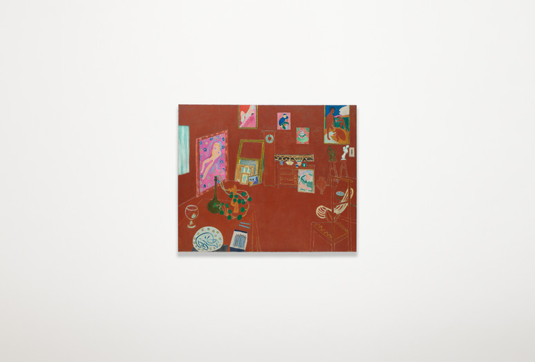 Henri Matisse. The Red Studio. 1911. Oil on canvas. The Museum of Modern Art, New York. Mrs. Simon Guggenheim Fund. ©️ 2022 Succession H. Matisse/Artists Rights Society (ARS), New York Alt Text: A landscape-oriented painting of a room with framed artwork piled against the wall. Paintings and sculptures are displayed on tables, stools, and the walls. The entire room is painted a rusty red color, from floor to ceiling, including pieces of furniture and a grandfather clock in the center of the space.