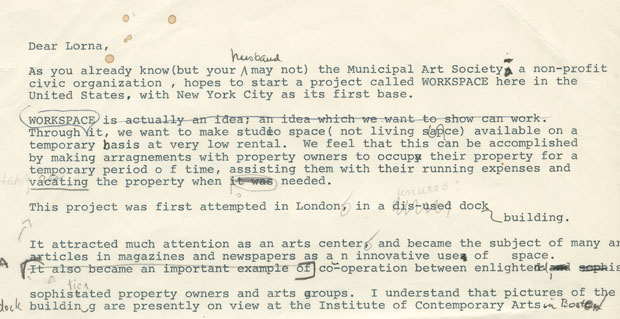 Draft letter from Alanna Heiss to Lorna Bivins, discussing the Workspace program, c. 1972 [VII.E.3]