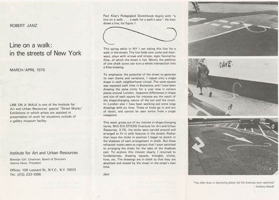Brochure for Robert Janz's artwork Line on a Walk, documenting his activity on New York City streets, March/April 1976 [I.A.34]