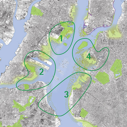 The <i>Rising Currents</i> project zone map. Courtesy Palisade Bay Team: Guy Nordenson and Associates, Catherine Seavitt Studio, Architecture Research Office