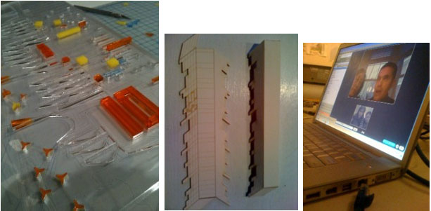 From left to right: laser cut acrylic map indicating “Seeds” and “Flows”; axonometric model; nARCHITECTS via Skype.