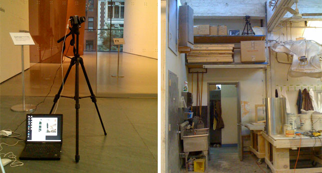 Time-lapse setup in the Marron Atrium (left), and on a shelf at the studios of ATTA Inc. (top right) for the fabrication of the topiary for the Tim Burton exhibition