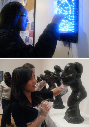 Top: Monique Grant at NYU's ITP Center. Bottom: Jen Wang participating in a touch tour of MoMA's Collection