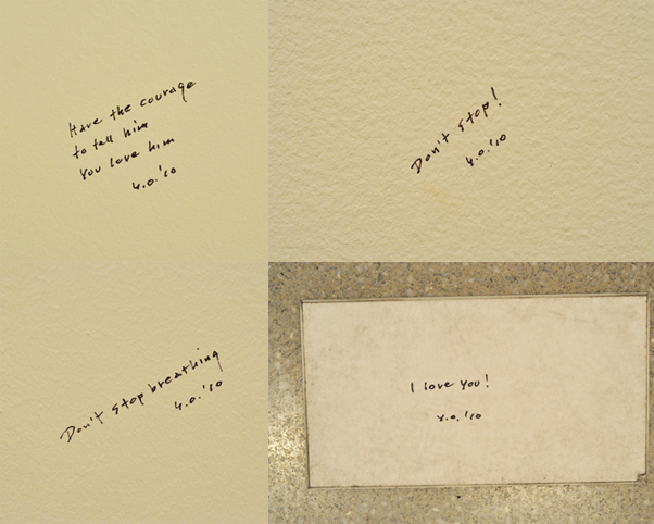 Yoko Ono. Selections from Whisper Piece (four of sixteen total; installation view at The Museum of Modern Art). 2010. Pen on wall, dimensions variable. Collection of the artist. Photo: Jason Persse