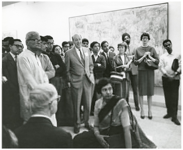Clement Greenberg speaking in New Delhi in 1967 at a presentation of the MoMA exhibition Two Decades of American Painting