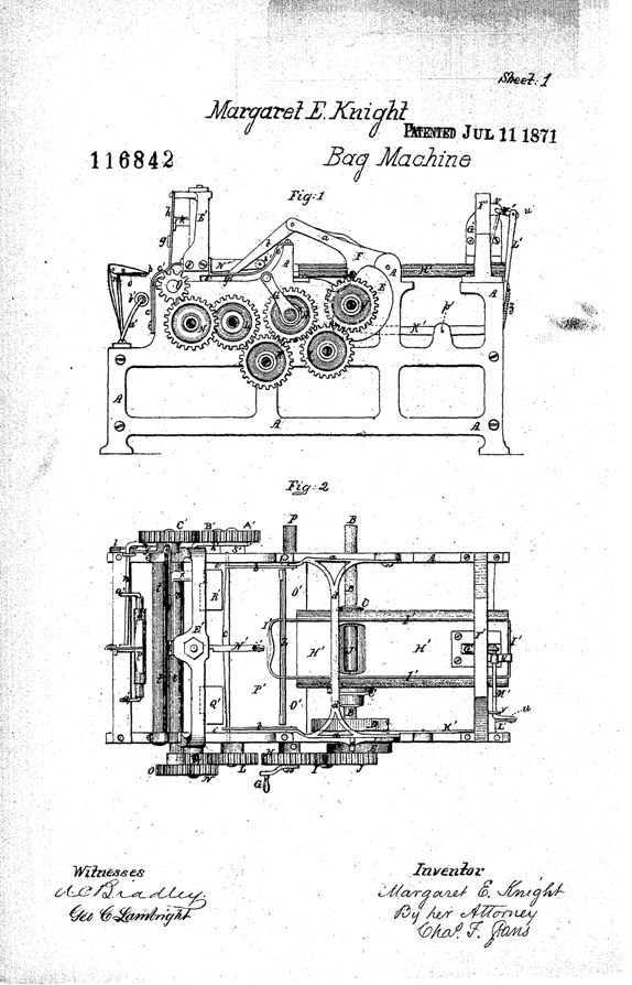 First illustration page from Margaret Knight's 1871 patent for a machine that could produce flat-bottomed paper bags
