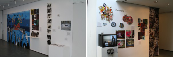 From left: A view of one of the exhibition walls showcases a variety of work in the show, created by participants from Fortune Society, Passages Academy, GEMS, and Local Project; Another view of the "Creating Connections/Creating Community" exhibition, showcasing the artwork of Midtown Community Courts' WISE program, Housing Works, YWCA Fresh Start, Fortune Society, and Passages Academy