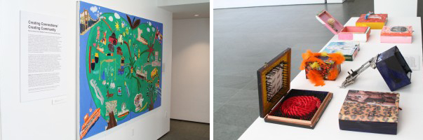 From left: A large-scale canvas diptych, created by Housing Works around the themes of "neighborhoods" and "community," stands next to the exhibition's wall text; Identity boxes created by Fortune Society's young students, based on the work of Joseph Cornell and Lucas Samaras