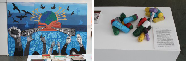 Fortune Society's large-scale mural, based on the "Diego Rivera: Murals for the City of New York" exhibition; Sculptural pills created by the teenaged students from Passages Academy, inspired by the Talk to Me: Design and Communication between People and Objects exhibition and the idea of how we sometimes "swallow our words"