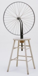 Marcel Duchamp, <em>Bicycle Wheel</em> 1951 (third version, after lost original of 1913). Metal wheel mounted on painted wood stool, 51 x 25 x 16 1/2" (129.5 x 63.5 x 41.9 cm). The Sidney and Harriet Janis Collection. © 2012 Artists Rights Society (ARS), New York / ADAGP, Paris / Estate of Marcel Duchamp