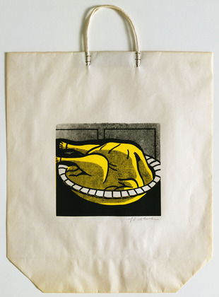 1964. Screenprint on shopping bag with handles, Composition: 7 1/2 x 9" (19.1 x 22.8 cm); sheet (irreg.): 19 5/16 x 16 15/16" (49 x 43 cm). Publisher: Bianchini Gallery, New York. Printer: Ben Birillo, New York. Edition: approx. 125. Gift of Jo Carole and Ronald S. Lauder. © Estate of Roy Lichtenstein