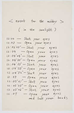Mieko Shiomi. Event for the Midday (In the Sunlight). 1963. Event Score. Ink on paper, 4 9/16 x 7″ (11.5 x 17.8 cm)