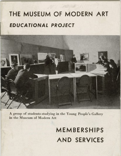 Cover of the brochure, "The Museum of Modern Art Educational Project: Memberships and Services," with cover reproduction of, "A group of students studying in the Young People's Gallery in the Museum of Modern Art"; c. 1940, published by The Museum of Modern Art. Archives Pamphlet Files: Educational Project. The Museum of Modern Art Archives, New York. © The Museum of Modern Art, New York