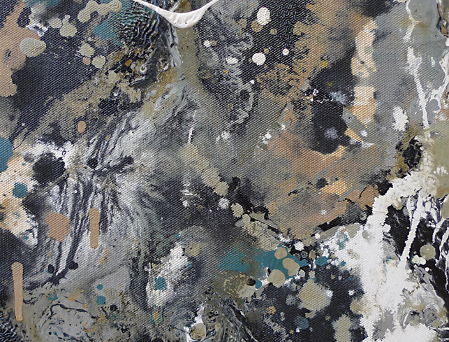One, detail. By applying different colored paints in quick succession, sometimes with the addition of medium, Pollock created surfaces where several wet layers mixed and blended as they dried