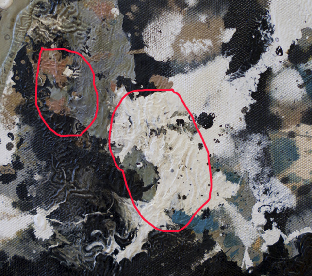 Areas inconsistent with Pollock’s painting technique are found scattered across the painting. These regions share similar qualities in their color, texture, and style of application