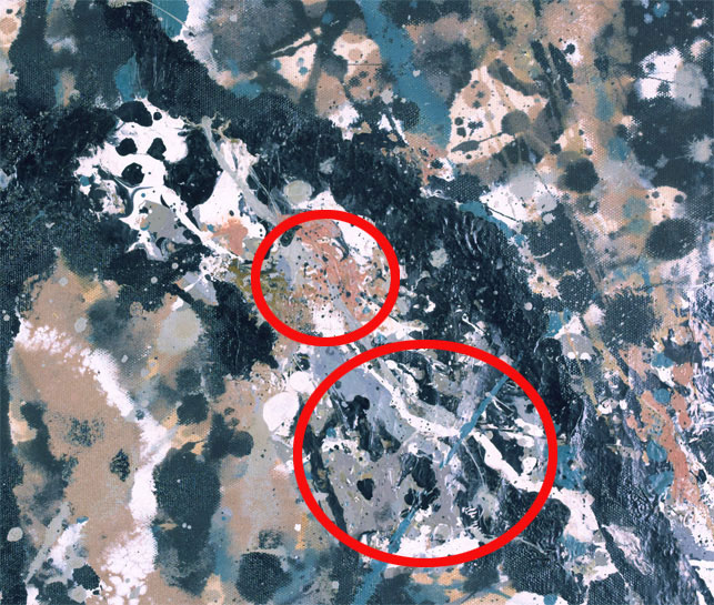 Notice the differences in the paint layer, circled in red, between the 1962 and 2013 images. The cracking observed in 1962 is no longer visible, and the composition, color and texture of the paint has changed