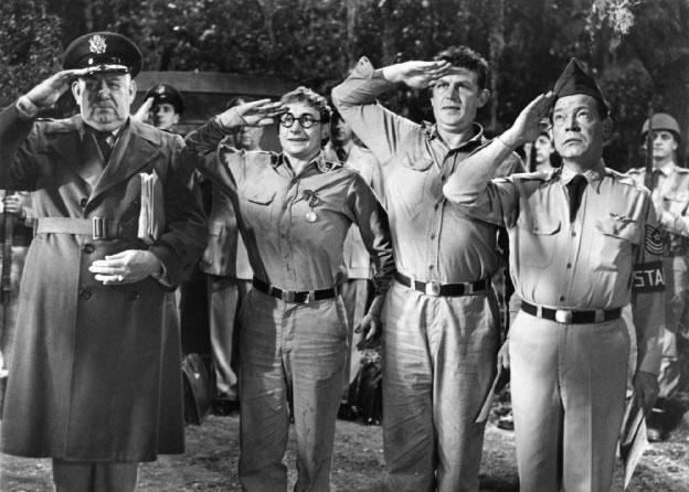 film Howard Smith, Nick Adams, Andy Griffith, and Myron McCormick No Time for Sergeants. Directed by Mervyn LeRoy