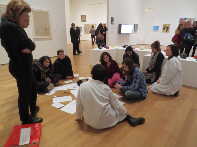 MoMA Roving Gallery Guides performing Yoko Ono's Grapefruit scores in Tokyo, 1955–1970: A New Avant-Garde. Photo: TK
