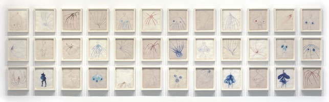 Louise Bourgeois. The Fragile. 2007. Series of 36 compositions: 29 digital prints and 7 screenprints, 30 with dye additions. Sheet (each approx.): 11 1/2 x 9 1/2" (29.2 x 24.1 cm). © 2013 Louise Bourgeois Trust. Installation view at The Museum of Modern Art, 2013. Photo: