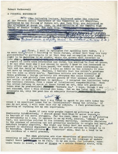 Page one of five, transcript, “A Personal Expression,” by Robert Motherwell. c. 1949. George Wittenborn, Inc. Papers, I.B.23. The Museum of Modern Art Archives, New York. Text © Dedalus Foundation, Inc./Text permission granted by Dedalus Foundation, Inc.