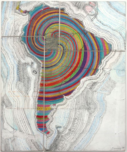 Juan Downey. Map of America. 1975. Colored pencil, pencil, and synthetic polymer paint on map on board, 34 1/8 x 20 1/4" (86.7 x 51.4 cm). Purchased with funds provided by the Latin American and Caribbean Fund and Donald B. Marron. © 2013 Juan Downey/Artists Rights Society (ARS), New York