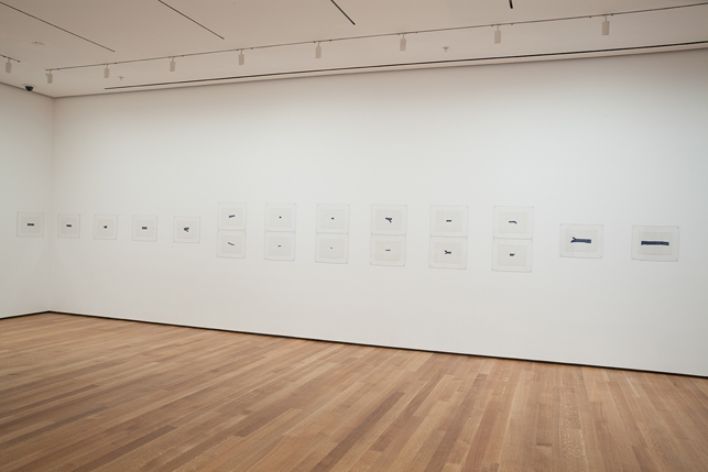 Installation view of the exhibition A Trip from Here to There at MoMA. Shown: Jorge Macchi.  32 Morceaux d'eau. 1994. Gouache on paper, each 9 3/8 x 12 5/8" (23.8 x 32.1 cm).  The Museum of Modern Art, New York. Purchased with funds provided by The Edward John Noble Foundation. © 2013 Jorge Macchi. Photo: John Wronn