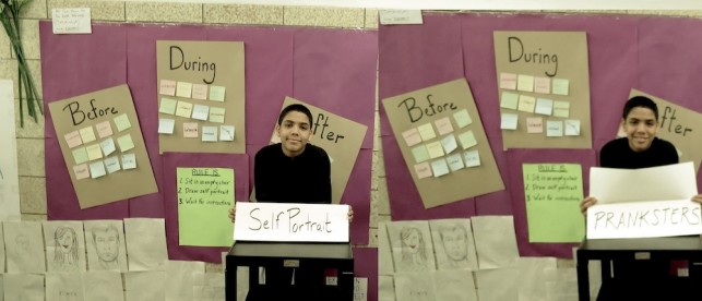 Students presented their work at MoMA and back at the school. Here, one student shows off his self-portrait project