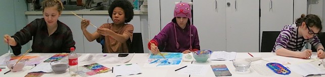 Four Quest to Learn students created abstract poem paintings as inspired by Sonia Delaunay-Terk