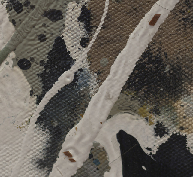 Scattered small bits of wood can be seen, primarily in a white paint that appears to be one of the final layers that Pollock applied