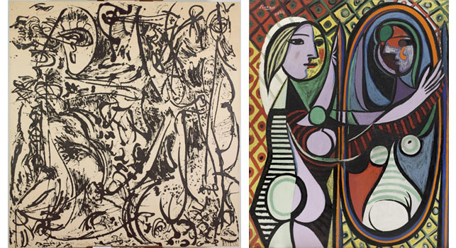 From left: Jackson Pollock. <em>Echo: Number 25, 1951.</em> 1951. Enamel paint on canvas. Acquired through the Lillie P. Bliss Bequest and the Mr. and Mrs. David Rockefeller Fund. © 2013 Pollock-Krasner Foundation/Artists Rights Society (ARS), New York; Pablo Picasso. <em>Girl Before a Mirror.</em> 1932. Oil on canvas.  Gift of Mrs. Simon Guggenheim. © 2013 Estate of Pablo Picasso/Artists Rights Society (ARS), New York