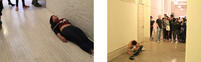 From left:Bianca, bound and laying on the hallway floor; Christian dances and yells in the MoMA PS1 hallway