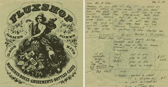 The image on the left is a lovely example of George Maciunas’s graphic design work, which is certainly a work of art. But as he used it as stationery – the letter to the right was written on its back in 1966 – it’s also an important archival document. Detail of Fluxshop stationery, with letter from George Maciunas to Betty Asher on verso, Silverman Fluxus Archives, V.A.1.1.