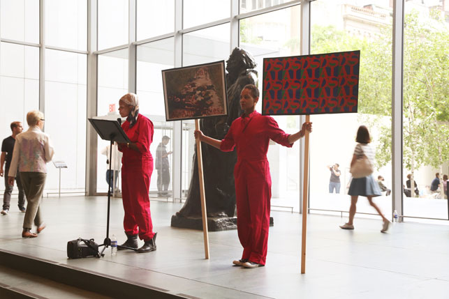 An Archive as Impetus performance in MoMA's Agnes Gund Garden Lobby. Photograph courtesy of Xaviera Simmons