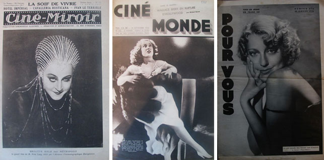From left: Brigitte Helm on the cover of Ciné-Miroir, April 16, 1927; Fay Wray on the cover of Cinémonde, September 14, 1933; Jeanette Mac Donald on the cover of Pour Vous, January 30, 1936