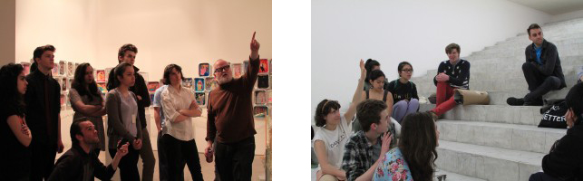 From left: Interviewing Thomas Lanigan-Schmidt (far right) at his MoMA PS1 exhibition; Planning out the performances with Ryan McNamara (top right)