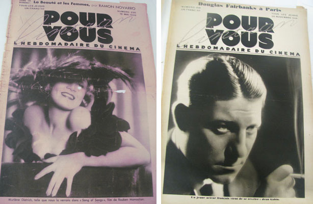 Marlene Dietrich on the cover of Pour Vous, May 18, 1933; Jean Gabin on the cover of Pour Vous, November 26, 1931