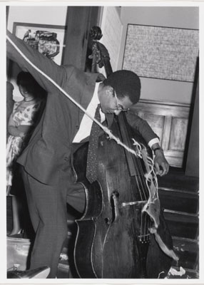 Variations for Double-Bass, performed during Kleinen Sommerfest/Après John Cage, Galerie Parnass, Wuppertail, June 9, 1962. Gelatin silver print, 13 x 9" (33 x 22.8 cm). Original photo taken by Rolf Jahrling. Photo: Peter Butler
