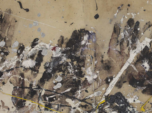 Pollock applied artist oil paints to his hands and pressed them to the canvas